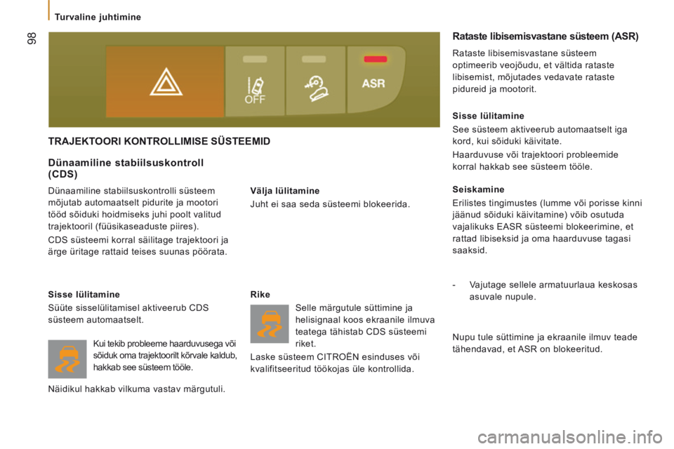 CITROEN JUMPER 2015  Kasutusjuhend (in Estonian)  98
   Turvaline  juhtimine   
JUMPER-PAPIER_ET_CHAP05_SECURITE_ED01-2014
TRAJEKTOORI KONTROLLIMISE SÜSTEEMID 
  Välja  lülitamine 
 Juht ei saa seda süsteemi blokeerida.  
  Dünaamiline  stabiil