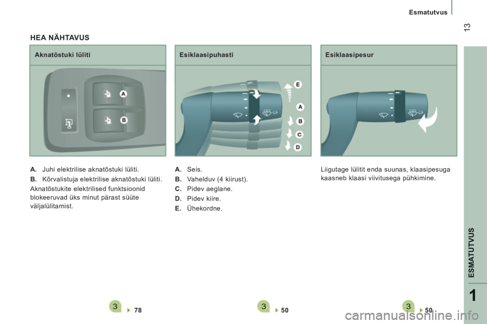 CITROEN JUMPER 2014  Kasutusjuhend (in Estonian) 3331
ESMATUTVU
S
13
Esmatutvus
   
5 
 
0  
 
 
     
Esiklaasipesur 
  Liigutage lülitit enda suunas, klaasipesuga 
kaasneb klaasi viivitusega pühkimine. 
   
HEA NÄHTAVUS 
 
 
78  
     
Aknatõs