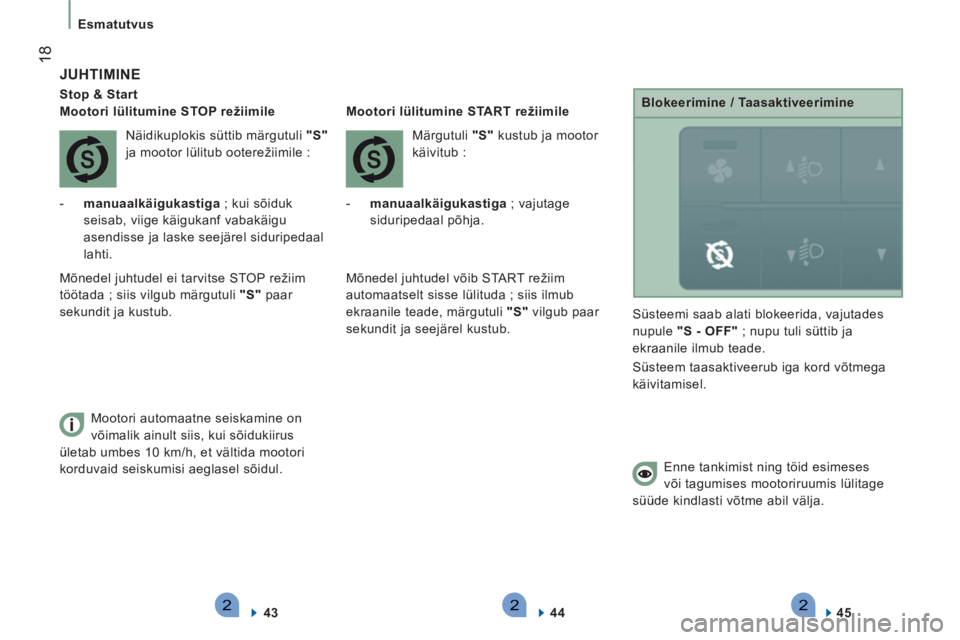 CITROEN JUMPER 2014  Kasutusjuhend (in Estonian) 222
18
   
 
Esmatutvus 
 
 
JUHTIMINE 
 
 
Stop & Start  
   
 
Mootori lülitumine STOP režiimile  
  Näidikuplokis süttib märgutuli  "S" 
 
ja mootor lülitub ooterežiimile : 
   
 
-   manuaa