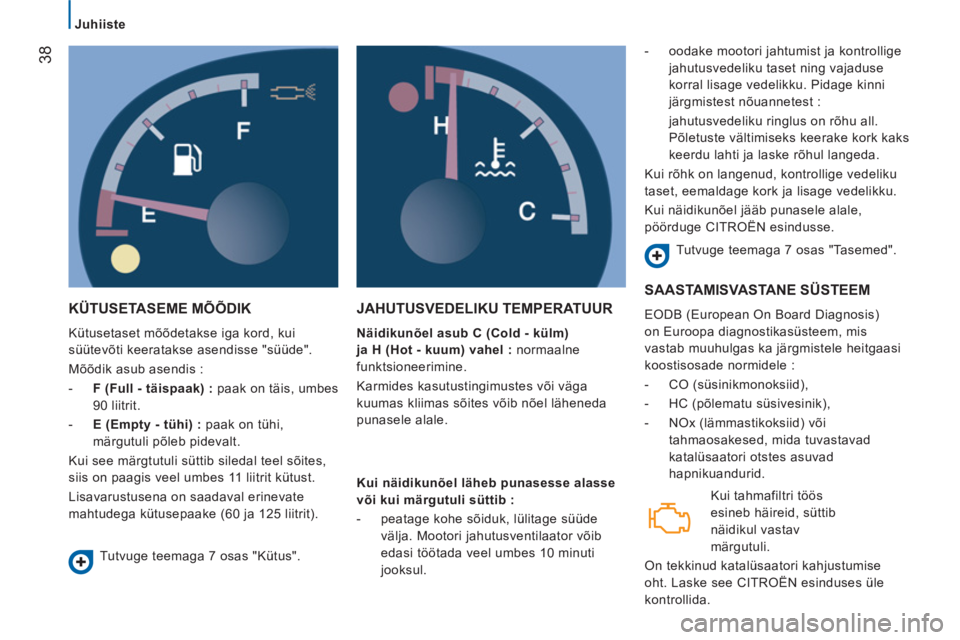 CITROEN JUMPER 2014  Kasutusjuhend (in Estonian) 38
   
 
Juhiiste 
 
KÜTUSETASEME MÕÕDIK
 
Kütusetaset mõõdetakse iga kord, kui 
süütevõti keeratakse asendisse "süüde". 
  Mõõdik asub asendis : 
   
 
-   F (Full - täispaak) : paak on