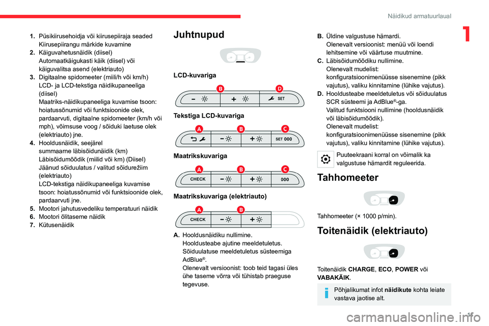 CITROEN JUMPER SPACETOURER 2021 Kasutusjuhend (in Estonian) 11
Näidikud armatuurlaual
11.Püsikiirusehoidja või kiirusepiiraja seaded
Kiirusepiirangu märkide kuvamine
2. Käiguvahetusnäidik (diisel)
Automaatkäigukasti käik (diisel) või
käiguvalitsa
CITROEN JUMPER SPACETOURER 2021 Kasutusjuhend (in Estonian) 11
Näidikud armatuurlaual
11.Püsikiirusehoidja või kiirusepiiraja seaded
Kiirusepiirangu märkide kuvamine
2. Käiguvahetusnäidik (diisel)
Automaatkäigukasti käik (diisel) või
käiguvalitsa