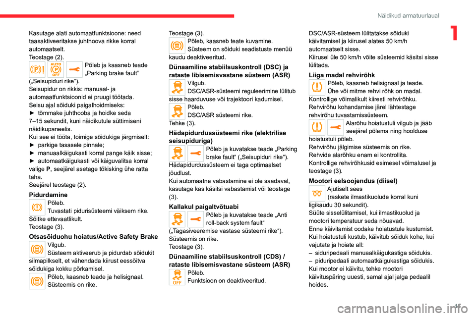 CITROEN JUMPER SPACETOURER 2021 Kasutusjuhend (in Estonian) 15
Näidikud armatuurlaual
1Kasutage alati automaatfunktsioone: need
taasaktiveeritakse juhthoova rikke korral
automaatselt.
Teostage (2).
Põleb ja kaasneb teade
„Parking brake fault“
(„Sei CITROEN JUMPER SPACETOURER 2021 Kasutusjuhend (in Estonian) 15
Näidikud armatuurlaual
1Kasutage alati automaatfunktsioone: need
taasaktiveeritakse juhthoova rikke korral
automaatselt.
Teostage (2).
Põleb ja kaasneb teade
„Parking brake fault“
(„Sei