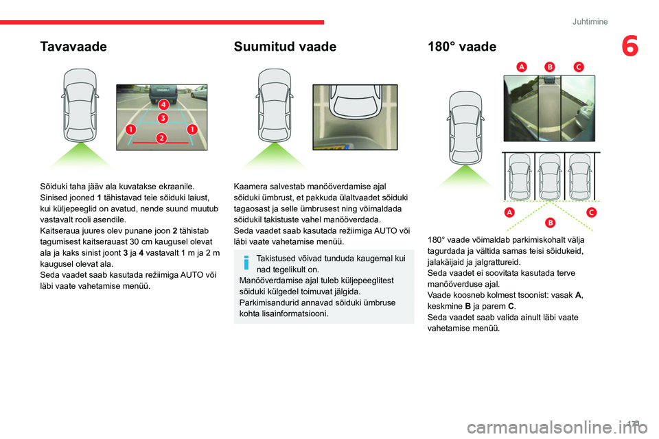CITROEN JUMPER SPACETOURER 2021 Kasutusjuhend (in Estonian) 171
Juhtimine
6Tavavaade
Sõiduki taha jääv ala kuvatakse ekraanile.
Sinised jooned 1 tähistavad teie sõiduki laiust,
kui küljepeeglid on avatud, nende suund muutub
vastavalt rooli asendile. CITROEN JUMPER SPACETOURER 2021 Kasutusjuhend (in Estonian) 171
Juhtimine
6Tavavaade
Sõiduki taha jääv ala kuvatakse ekraanile.
Sinised jooned 1 tähistavad teie sõiduki laiust,
kui küljepeeglid on avatud, nende suund muutub
vastavalt rooli asendile.