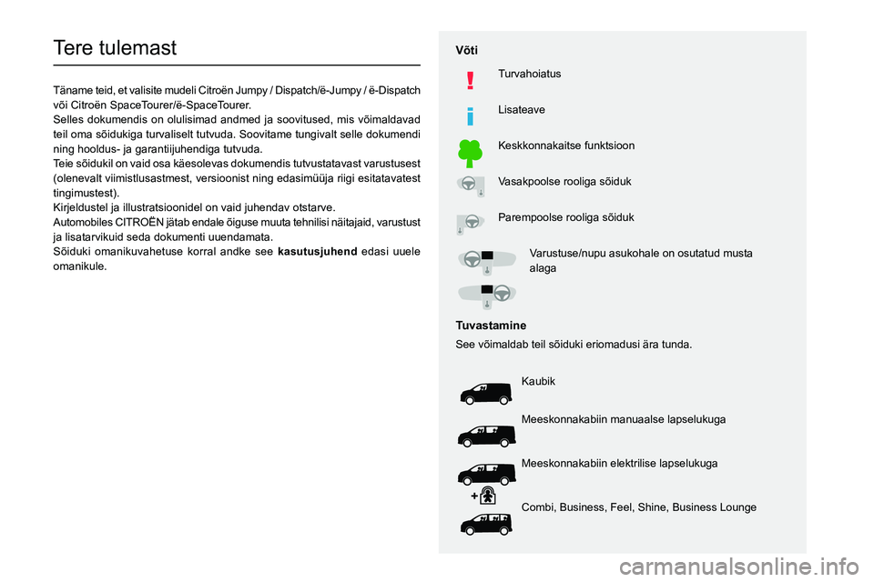 CITROEN JUMPER SPACETOURER 2021  Kasutusjuhend (in Estonian)   
 
 
 
 
 
  
  
  
  
   
   
 
  
 
  
 
  
 
  
Tere tulemast
Täname teid, et valisite mudeli Citroën Jumpy / Dispatch/ë-Jumpy / ë-Dispatch 
või Citroën SpaceTourer/ë-SpaceTourer.
Selles d