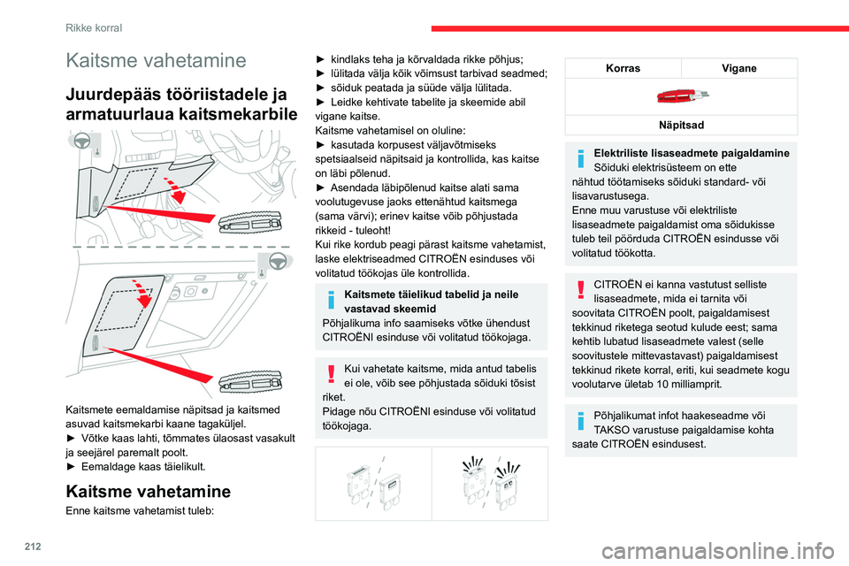 CITROEN JUMPER SPACETOURER 2021  Kasutusjuhend (in Estonian) 212
Rikke korral
Kaitsme vahetamine
Juurdepääs tööriistadele ja 
armatuurlaua kaitsmekarbile
 
 
Kaitsmete eemaldamise näpitsad ja kaitsmed 
asuvad kaitsmekarbi kaane tagaküljel.
► 
Võtke kaa