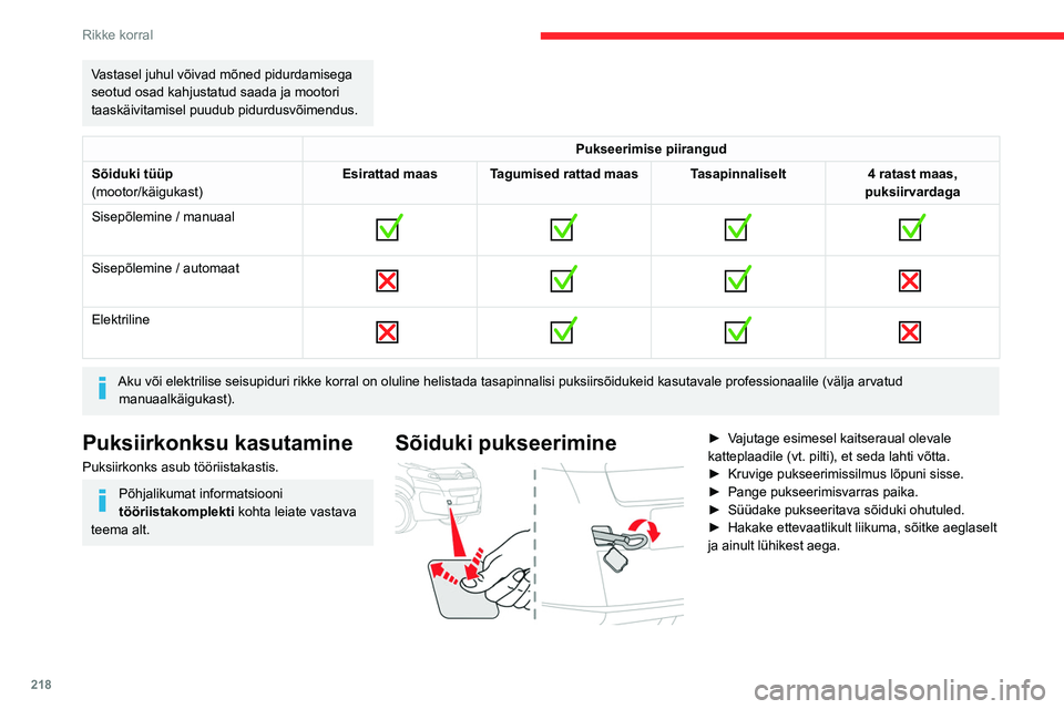 CITROEN JUMPER SPACETOURER 2021  Kasutusjuhend (in Estonian) 218
Rikke korral
Teise sõiduki pukseerimine 
 
► Vajutage tagumisel kaitseraual olevale kattele 
(vt. pilti), et seda lahti võtta.
►  Kruvige puksiiraas lõpuni sisse.
►  Pange pukseerimisvarr