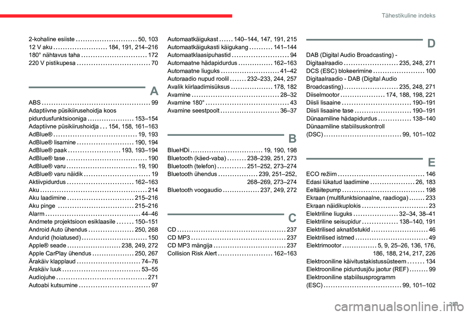 CITROEN JUMPER SPACETOURER 2021  Kasutusjuhend (in Estonian) 281
Tähestikuline indeks
2-kohaline esiiste     50, 103
12 V aku     
184, 191, 214–216
180° nähtavus taha
    
172
220 V pistikupesa
    
70
A
ABS    99
Adaptiivne püsikiirusehoidja koos 
pidur