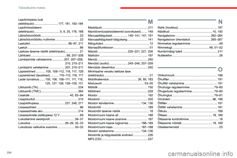 CITROEN JUMPER SPACETOURER 2021  Kasutusjuhend (in Estonian) 284
Tähestikuline indeks
Laadimispesa luuk  
(elektriauto)    
177, 181, 183–184
Laadimissüsteem  
(elektriauto)
    
5, 9, 25, 176, 188
Läbisõidumõõdik
    
22
Läbisõidumõõdiku nullimine
