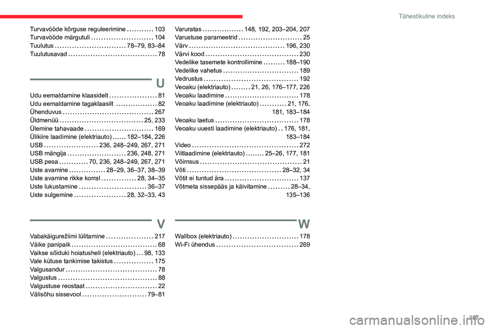 CITROEN JUMPER SPACETOURER 2021  Kasutusjuhend (in Estonian) 287
Tähestikuline indeks
Turvavööde kõrguse reguleerimine     103
Turvavööde märgutuli     
104
Tuulutus
    
78–79, 83–84
Tuulutusavad
    
78
U
Udu eemaldamine klaasidelt     81
Udu eemal