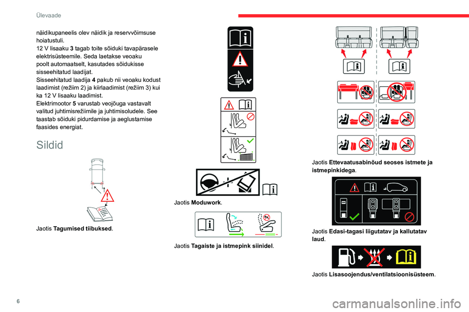 CITROEN JUMPER SPACETOURER 2021  Kasutusjuhend (in Estonian) 6
Ülevaade
näidikupaneelis olev näidik ja reservvõimsuse 
hoiatustuli. 
12 V lisaaku 3 tagab toite sõiduki tavapärasele 
elektrisüsteemile. Seda laetakse veoaku 
poolt automaatselt, kasutades s