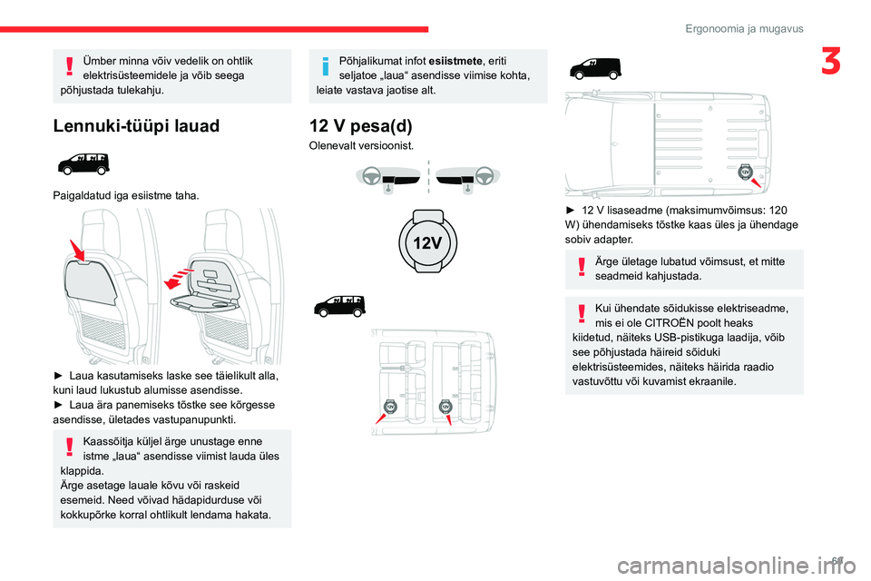 CITROEN JUMPER SPACETOURER 2021 Kasutusjuhend (in Estonian) 69
Ergonoomia ja mugavus
3Ümber minna võiv vedelik on ohtlik
elektrisüsteemidele ja võib seega
põhjustada tulekahju.
Lennuki-tüüpi lauad
Paigaldatud iga esiistme taha.
► Laua kasutami CITROEN JUMPER SPACETOURER 2021 Kasutusjuhend (in Estonian) 69
Ergonoomia ja mugavus
3Ümber minna võiv vedelik on ohtlik
elektrisüsteemidele ja võib seega
põhjustada tulekahju.
Lennuki-tüüpi lauad
Paigaldatud iga esiistme taha.
► Laua kasutami