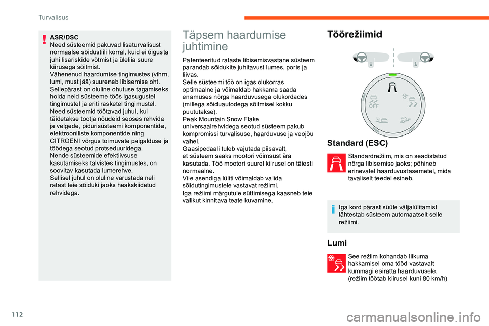 CITROEN JUMPER SPACETOURER 2020 Kasutusjuhend (in Estonian) 112
ASR/DSC
Need süsteemid pakuvad lisaturvalisust
normaalse sõidustiili korral, kuid ei õigusta
juhi lisariskide võtmist ja üleliia suure
kiirusega sõitmist.
Vähenenud haardumise tingimuste CITROEN JUMPER SPACETOURER 2020 Kasutusjuhend (in Estonian) 112
ASR/DSC
Need süsteemid pakuvad lisaturvalisust
normaalse sõidustiili korral, kuid ei õigusta
juhi lisariskide võtmist ja üleliia suure
kiirusega sõitmist.
Vähenenud haardumise tingimuste