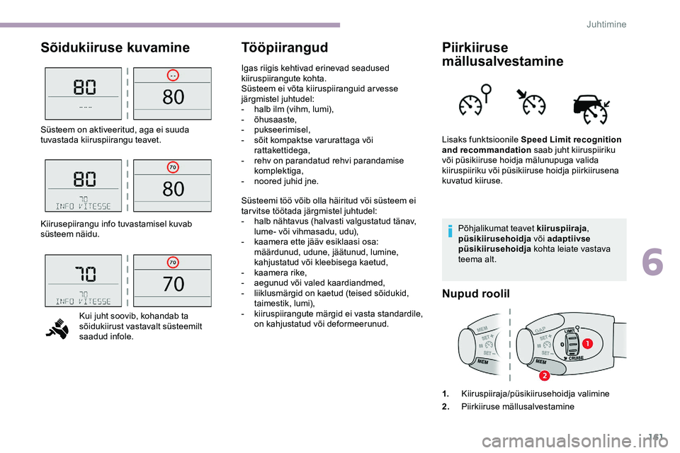 CITROEN JUMPER SPACETOURER 2020 Kasutusjuhend (in Estonian) 161
Sõidukiiruse kuvamineTööpiirangudPiirkiiruse
mällusalvestamine
Põhjalikumat teavet kiiruspiiraja ,
püsikiirusehoidja või adaptiivse
püsikiirusehoidja kohta leiate vastava
teema alt.
CITROEN JUMPER SPACETOURER 2020 Kasutusjuhend (in Estonian) 161
Sõidukiiruse kuvamineTööpiirangudPiirkiiruse
mällusalvestamine
Põhjalikumat teavet kiiruspiiraja ,
püsikiirusehoidja või adaptiivse
püsikiirusehoidja kohta leiate vastava
teema alt.