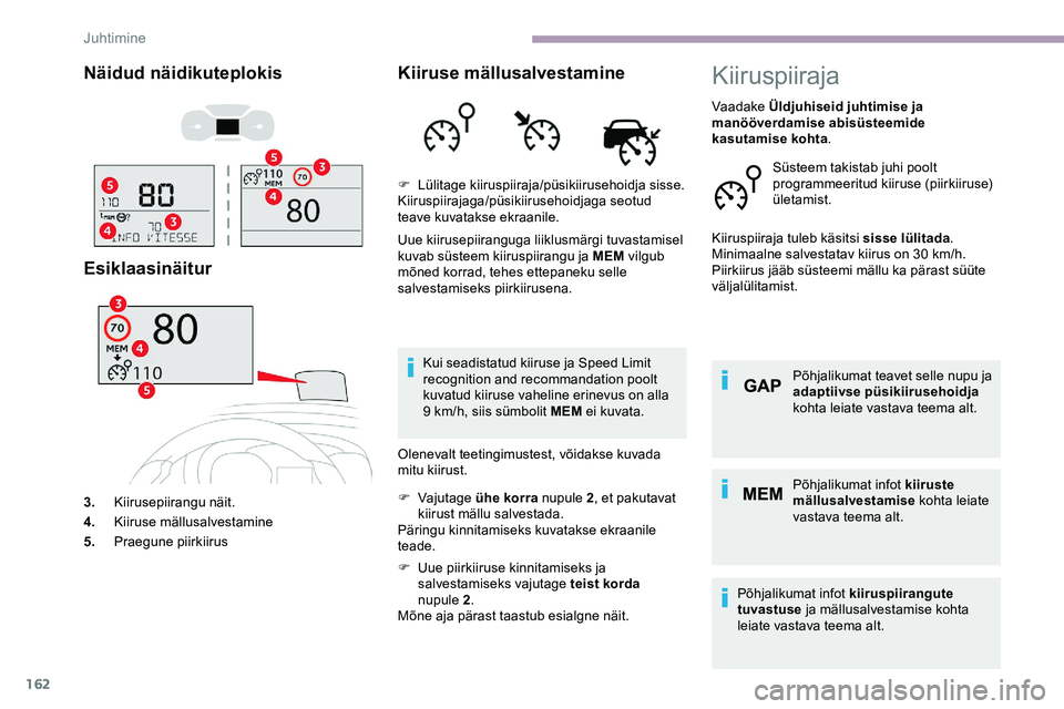 CITROEN JUMPER SPACETOURER 2020 Kasutusjuhend (in Estonian) 162
Näidud näidikuteplokis
Esiklaasinäitur
3.Kiirusepiirangu näit.
4. Kiiruse mällusalvestamine
5. Praegune piirkiirus
Kiiruse mällusalvestamine
Uue kiirusepiiranguga liiklusmärgi tuvastamisel CITROEN JUMPER SPACETOURER 2020 Kasutusjuhend (in Estonian) 162
Näidud näidikuteplokis
Esiklaasinäitur
3.Kiirusepiirangu näit.
4. Kiiruse mällusalvestamine
5. Praegune piirkiirus
Kiiruse mällusalvestamine
Uue kiirusepiiranguga liiklusmärgi tuvastamisel