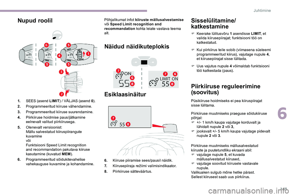 CITROEN JUMPER SPACETOURER 2020 Kasutusjuhend (in Estonian) 163
Nupud roolilPõhjalikumat infot kiiruste mällusalvestamise
või Speed Limit recognition and
recommandation kohta leiate vastava teema
alt.
Näidud näidikuteplokis
Esiklaasinäitur
6. Kiiruse CITROEN JUMPER SPACETOURER 2020 Kasutusjuhend (in Estonian) 163
Nupud roolilPõhjalikumat infot kiiruste mällusalvestamise
või Speed Limit recognition and
recommandation kohta leiate vastava teema
alt.
Näidud näidikuteplokis
Esiklaasinäitur
6. Kiiruse