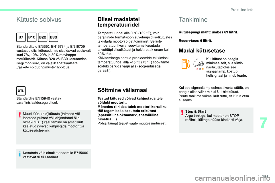 CITROEN JUMPER SPACETOURER 2020 Kasutusjuhend (in Estonian) 185
Kütuste sobivus
Muud tüüpi (bio)kütuste (taimsed või
loomsed puhtad või lahjendatud õlid,
olmekütus...) kasutamine on ametlikult
keelatud (võivad kahjustada mootorit ja
kütusesüstee CITROEN JUMPER SPACETOURER 2020 Kasutusjuhend (in Estonian) 185
Kütuste sobivus
Muud tüüpi (bio)kütuste (taimsed või
loomsed puhtad või lahjendatud õlid,
olmekütus...) kasutamine on ametlikult
keelatud (võivad kahjustada mootorit ja
kütusesüstee