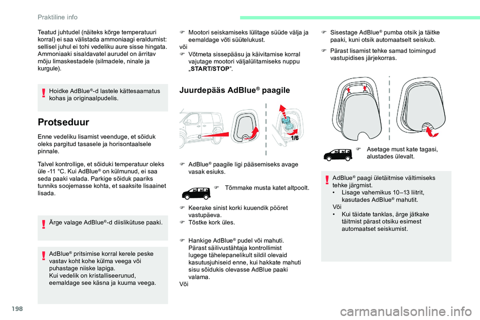 CITROEN JUMPER SPACETOURER 2020 Kasutusjuhend (in Estonian) 198
Hoidke AdBlue®-d lastele kättesaamatus
kohas ja originaalpudelis.
Protseduur
Enne vedeliku lisamist veenduge, et sõiduk
oleks pargitud tasasele ja horisontaalsele
pinnale.
Talvel kontrollige CITROEN JUMPER SPACETOURER 2020 Kasutusjuhend (in Estonian) 198
Hoidke AdBlue®-d lastele kättesaamatus
kohas ja originaalpudelis.
Protseduur
Enne vedeliku lisamist veenduge, et sõiduk
oleks pargitud tasasele ja horisontaalsele
pinnale.
Talvel kontrollige