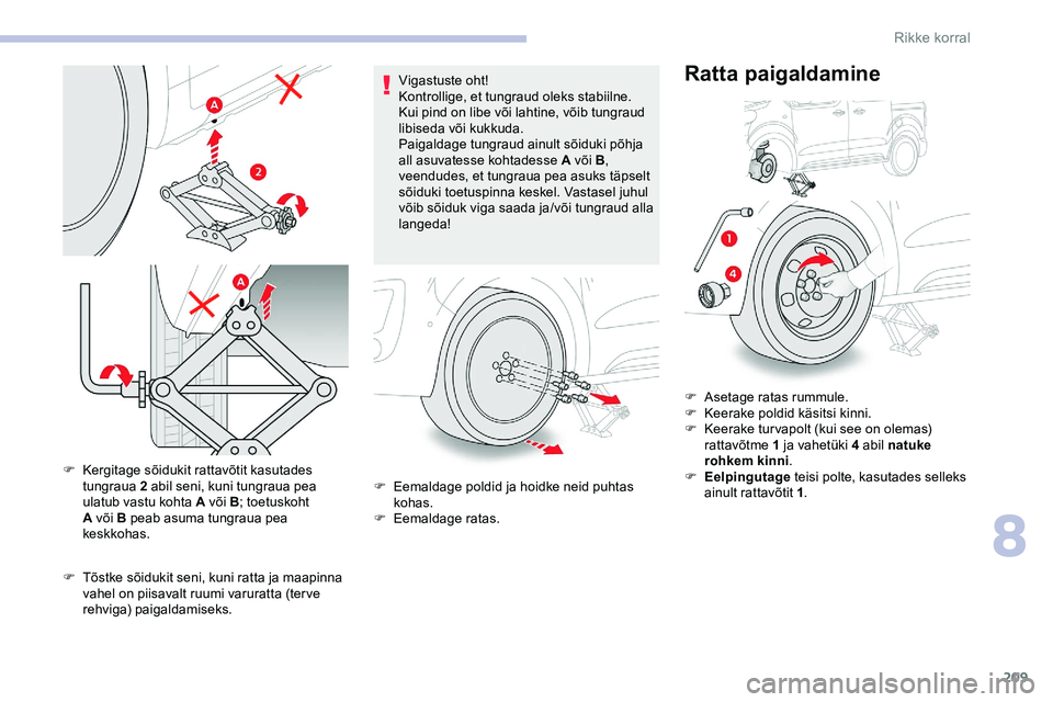CITROEN JUMPER SPACETOURER 2020 Kasutusjuhend (in Estonian) 209
F Kergitage sõidukit rattavõtit kasutades tungraua 2 abil seni, kuni tungraua pea
ulatub vastu kohta A või B ; toetuskoht
A
või B peab asuma tungraua pea
keskkohas.
F
T
õstke sõidu CITROEN JUMPER SPACETOURER 2020 Kasutusjuhend (in Estonian) 209
F Kergitage sõidukit rattavõtit kasutades tungraua 2 abil seni, kuni tungraua pea
ulatub vastu kohta A või B ; toetuskoht
A
või B peab asuma tungraua pea
keskkohas.
F
T
õstke sõidu