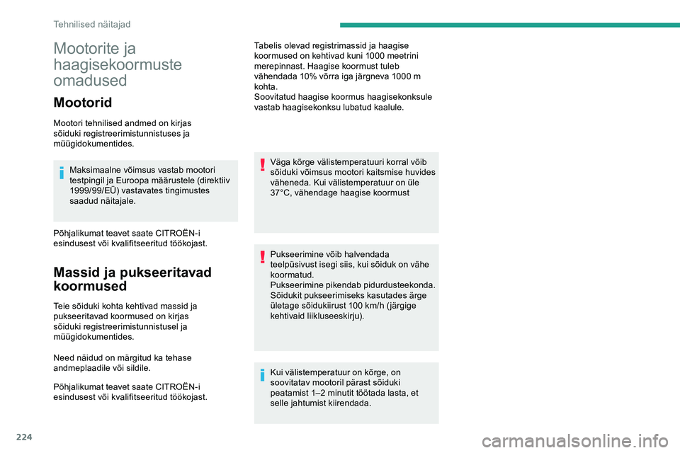 CITROEN JUMPER SPACETOURER 2020 Kasutusjuhend (in Estonian) 224
Mootorite ja
haagisekoormuste
omadused
Mootorid
Mootori tehnilised andmed on kirjas
sõiduki registreerimistunnistuses ja
müügidokumentides.Maksimaalne võimsus vastab mootori
testpingil ja CITROEN JUMPER SPACETOURER 2020 Kasutusjuhend (in Estonian) 224
Mootorite ja
haagisekoormuste
omadused
Mootorid
Mootori tehnilised andmed on kirjas
sõiduki registreerimistunnistuses ja
müügidokumentides.Maksimaalne võimsus vastab mootori
testpingil ja