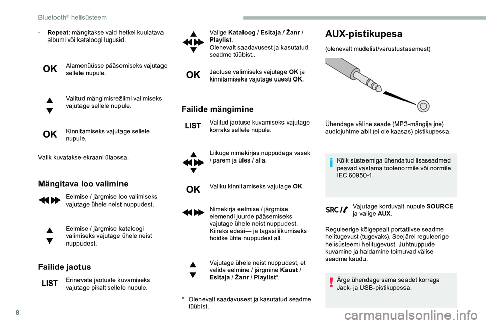 CITROEN JUMPER SPACETOURER 2020 Kasutusjuhend (in Estonian) 8
- Repeat: mängitakse vaid hetkel kuulatava
albumi või kataloogi lugusid.
Alamenüüsse pääsemiseks vajutage
sellele nupule.
Valitud
m
ängimisrežiimi
v
alimiseks
v
ajutage sellele nupul CITROEN JUMPER SPACETOURER 2020 Kasutusjuhend (in Estonian) 8
- Repeat: mängitakse vaid hetkel kuulatava
albumi või kataloogi lugusid.
Alamenüüsse pääsemiseks vajutage
sellele nupule.
Valitud
m
ängimisrežiimi
v
alimiseks
v
ajutage sellele nupul