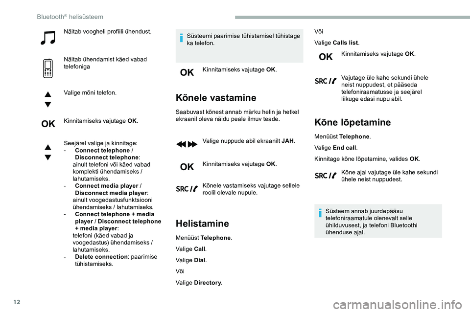 CITROEN JUMPER SPACETOURER 2020 Kasutusjuhend (in Estonian) 12
Näitab voogheli profiili ühendust.
Näitab ühendamist käed vabad
telefoniga
Valige mõni telefon.
Kinnitamiseks vajutage OK.
Seejärel valige ja kinnitage:
-
C
onnect telephone /
Disconnec CITROEN JUMPER SPACETOURER 2020 Kasutusjuhend (in Estonian) 12
Näitab voogheli profiili ühendust.
Näitab ühendamist käed vabad
telefoniga
Valige mõni telefon.
Kinnitamiseks vajutage OK.
Seejärel valige ja kinnitage:
-
C
onnect telephone /
Disconnec