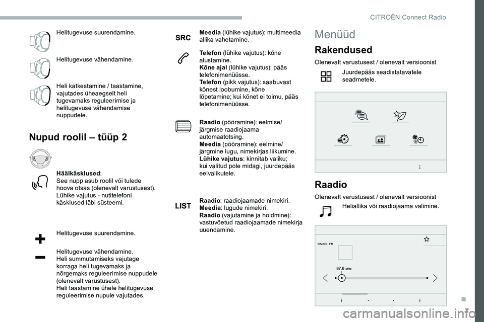 CITROEN JUMPER SPACETOURER 2020 Kasutusjuhend (in Estonian) 3
Helitugevuse suurendamine.
Helitugevuse vähendamine.
Heli katkestamine / taastamine,
vajutades üheaegselt heli
tugevamaks reguleerimise ja
helitugevuse vähendamise
nuppudele.
Nupud roolil – CITROEN JUMPER SPACETOURER 2020 Kasutusjuhend (in Estonian) 3
Helitugevuse suurendamine.
Helitugevuse vähendamine.
Heli katkestamine / taastamine,
vajutades üheaegselt heli
tugevamaks reguleerimise ja
helitugevuse vähendamise
nuppudele.
Nupud roolil –