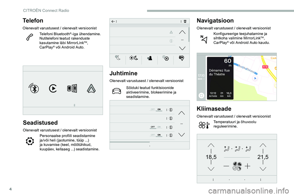 CITROEN JUMPER SPACETOURER 2020 Kasutusjuhend (in Estonian) 4
21,518,5
Telefon
Olenevalt varustusest / olenevalt versioonistTelefoni Bluetooth®-iga ühendamine.
Nutitelefoni teatud rakenduste
kasutamine läbi MirrorLink
TM,
CarPlay® või Android Auto.
Sead CITROEN JUMPER SPACETOURER 2020 Kasutusjuhend (in Estonian) 4
21,518,5
Telefon
Olenevalt varustusest / olenevalt versioonistTelefoni Bluetooth®-iga ühendamine.
Nutitelefoni teatud rakenduste
kasutamine läbi MirrorLink
TM,
CarPlay® või Android Auto.
Sead