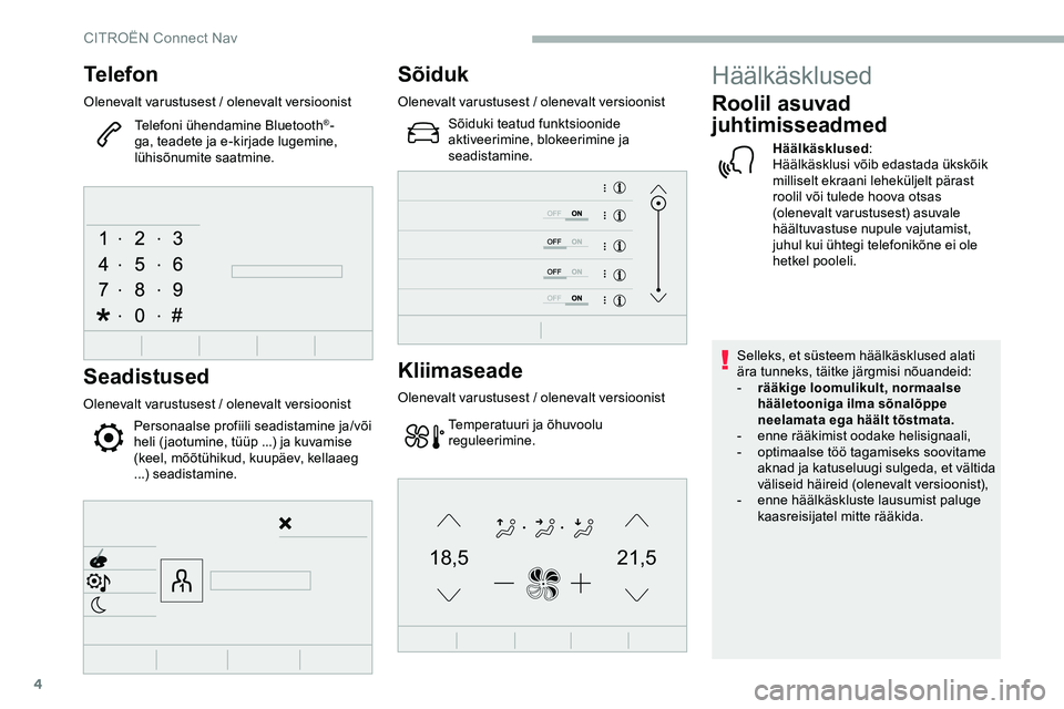 CITROEN JUMPER SPACETOURER 2020 Kasutusjuhend (in Estonian) 4
21,518,5
Telefon
Olenevalt varustusest / olenevalt versioonist
Telefoni ühendamine Bluetooth
®-
ga, teadete ja e-kirjade lugemine,
lühisõnumite saatmine.
Seadistused
Olenevalt varustusest / ol CITROEN JUMPER SPACETOURER 2020 Kasutusjuhend (in Estonian) 4
21,518,5
Telefon
Olenevalt varustusest / olenevalt versioonist
Telefoni ühendamine Bluetooth
®-
ga, teadete ja e-kirjade lugemine,
lühisõnumite saatmine.
Seadistused
Olenevalt varustusest / ol