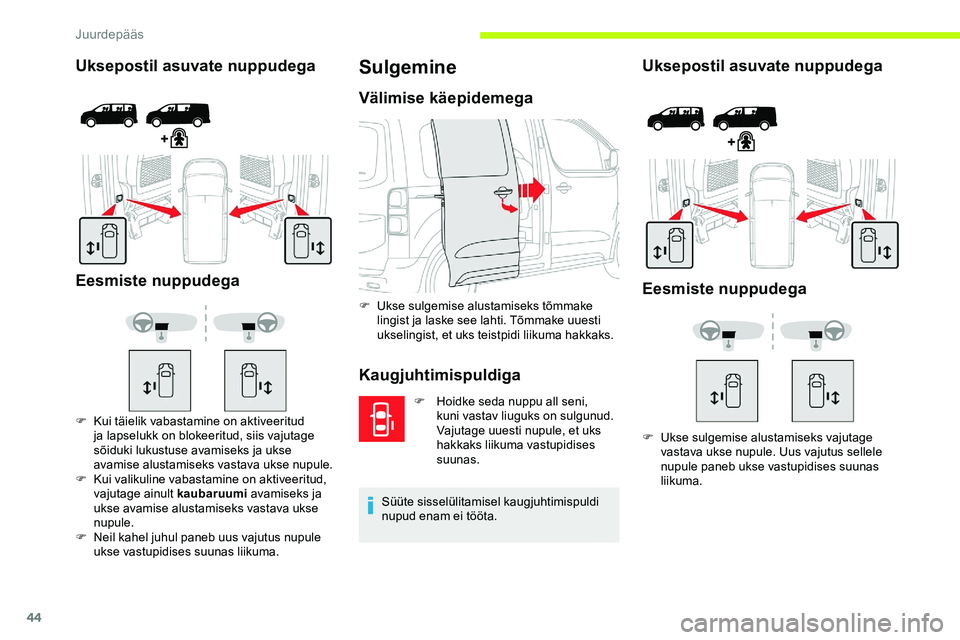 CITROEN JUMPER SPACETOURER 2020 Kasutusjuhend (in Estonian) 44
Uksepostil asuvate nuppudega
Eesmiste nuppudega
F Kui täielik vabastamine on aktiveeritud ja lapselukk on blokeeritud, siis vajutage
sõiduki lukustuse avamiseks ja ukse
avamise alustamiseks va CITROEN JUMPER SPACETOURER 2020 Kasutusjuhend (in Estonian) 44
Uksepostil asuvate nuppudega
Eesmiste nuppudega
F Kui täielik vabastamine on aktiveeritud ja lapselukk on blokeeritud, siis vajutage
sõiduki lukustuse avamiseks ja ukse
avamise alustamiseks va