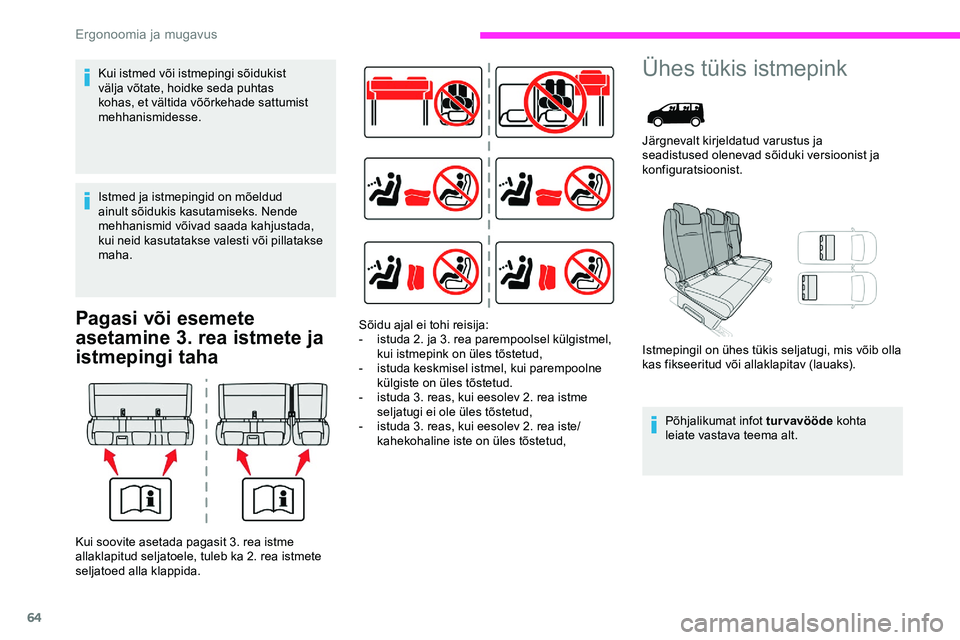 CITROEN JUMPER SPACETOURER 2020 Kasutusjuhend (in Estonian) 64
Pagasi või esemete
asetamine 3. rea istmete ja
istmepingi taha
Ühes tükis istmepink
Järgnevalt kirjeldatud varustus ja
seadistused olenevad sõiduki versioonist ja
konfiguratsioonist.
Istme CITROEN JUMPER SPACETOURER 2020 Kasutusjuhend (in Estonian) 64
Pagasi või esemete
asetamine 3. rea istmete ja
istmepingi taha
Ühes tükis istmepink
Järgnevalt kirjeldatud varustus ja
seadistused olenevad sõiduki versioonist ja
konfiguratsioonist.
Istme