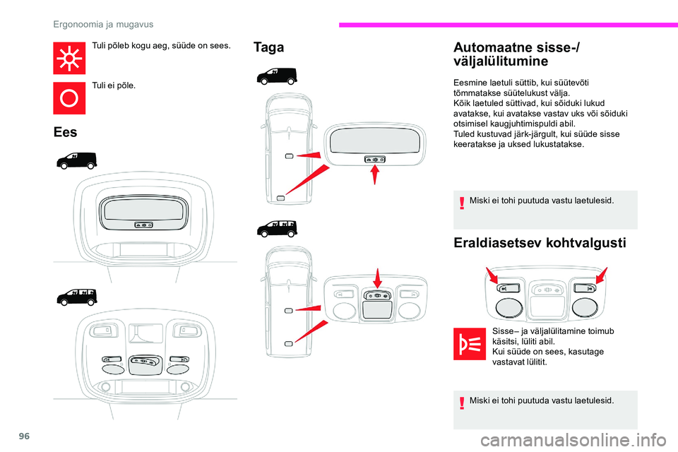 CITROEN JUMPER SPACETOURER 2020 Kasutusjuhend (in Estonian) 96
Tuli põleb kogu aeg, süüde on sees.
Tuli ei põle.
EesTa g a
Miski ei tohi puutuda vastu laetulesid.
Eraldiasetsev kohtvalgusti
Automaatne sisse-/
väljalülitumine
Sisse– ja väljalülitamine CITROEN JUMPER SPACETOURER 2020 Kasutusjuhend (in Estonian) 96
Tuli põleb kogu aeg, süüde on sees.
Tuli ei põle.
EesTa g a
Miski ei tohi puutuda vastu laetulesid.
Eraldiasetsev kohtvalgusti
Automaatne sisse-/
väljalülitumine
Sisse– ja väljalülitamine