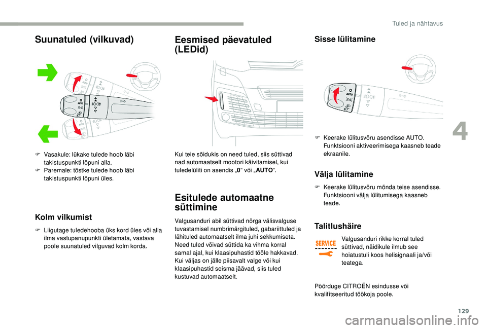 CITROEN JUMPER SPACETOURER 2018 Kasutusjuhend (in Estonian) 129
Kolm vilkumist
F Liigutage tuledehooba üks kord üles või alla ilma vastupanupunkti ületamata, vastava
poole suunatuled vilguvad kolm korda.
Eesmised päevatuled
(LEDid)
Kui teie sõidukis on CITROEN JUMPER SPACETOURER 2018 Kasutusjuhend (in Estonian) 129
Kolm vilkumist
F Liigutage tuledehooba üks kord üles või alla ilma vastupanupunkti ületamata, vastava
poole suunatuled vilguvad kolm korda.
Eesmised päevatuled
(LEDid)
Kui teie sõidukis on