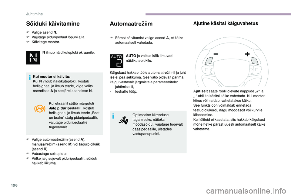 CITROEN JUMPER SPACETOURER 2018 Kasutusjuhend (in Estonian) 196
Sõiduki käivitamine
F Valige asend N.
F V ajutage piduripedaal lõpuni alla.
F
Kä
ivitage mootor.
N ilmub näidikuteploki ekraanile.
Kui mootor ei käivitu:
Kui N vilgub näidikuteplokil, k CITROEN JUMPER SPACETOURER 2018 Kasutusjuhend (in Estonian) 196
Sõiduki käivitamine
F Valige asend N.
F V ajutage piduripedaal lõpuni alla.
F
Kä
ivitage mootor.
N ilmub näidikuteploki ekraanile.
Kui mootor ei käivitu:
Kui N vilgub näidikuteplokil, k