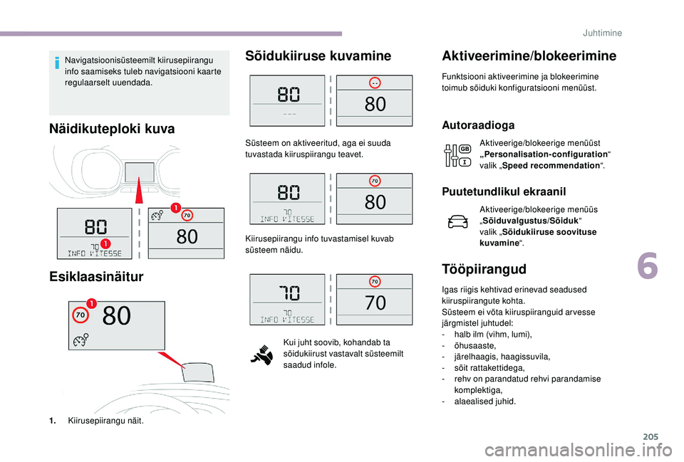 CITROEN JUMPER SPACETOURER 2018 Kasutusjuhend (in Estonian) 205
Navigatsioonisüsteemilt kiirusepiirangu
info saamiseks tuleb navigatsiooni kaarte
regulaarselt uuendada.
Näidikuteploki kuva
Esiklaasinäitur
1.Kiirusepiirangu näit.
Sõidukiiruse kuvamine Ak CITROEN JUMPER SPACETOURER 2018 Kasutusjuhend (in Estonian) 205
Navigatsioonisüsteemilt kiirusepiirangu
info saamiseks tuleb navigatsiooni kaarte
regulaarselt uuendada.
Näidikuteploki kuva
Esiklaasinäitur
1.Kiirusepiirangu näit.
Sõidukiiruse kuvamine Ak