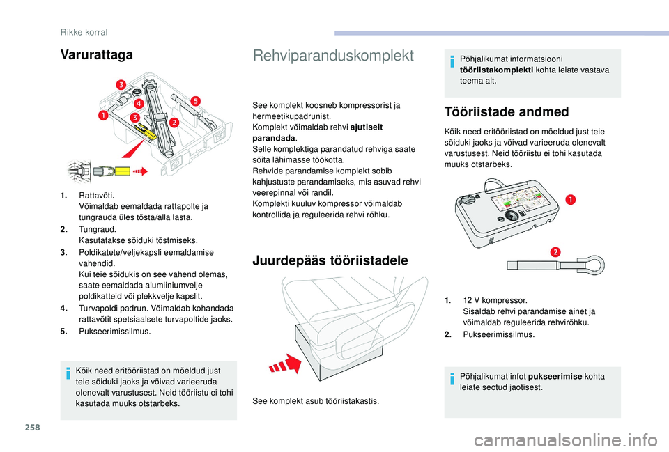CITROEN JUMPER SPACETOURER 2018 Kasutusjuhend (in Estonian) 258
Kõik need eritööriistad on mõeldud just
teie sõiduki jaoks ja võivad varieeruda
olenevalt varustusest. Neid tööriistu ei tohi
kasutada muuks otstarbeks.
1.
Rattavõti.
Võimaldab eemald CITROEN JUMPER SPACETOURER 2018 Kasutusjuhend (in Estonian) 258
Kõik need eritööriistad on mõeldud just
teie sõiduki jaoks ja võivad varieeruda
olenevalt varustusest. Neid tööriistu ei tohi
kasutada muuks otstarbeks.
1.
Rattavõti.
Võimaldab eemald