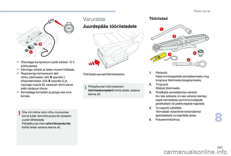 CITROEN JUMPER SPACETOURER 2018 Kasutusjuhend (in Estonian) 263
Ühe või mitme rehvi rõhu muutumise
korral tuleb rehvirõhuandurite süsteem
uuesti lähtestada.
Põhjalikumat infot rehvirõhuandurite
kohta leiate vastava teema alt.
Var urat as
Juurdepää CITROEN JUMPER SPACETOURER 2018 Kasutusjuhend (in Estonian) 263
Ühe või mitme rehvi rõhu muutumise
korral tuleb rehvirõhuandurite süsteem
uuesti lähtestada.
Põhjalikumat infot rehvirõhuandurite
kohta leiate vastava teema alt.
Var urat as
Juurdepää