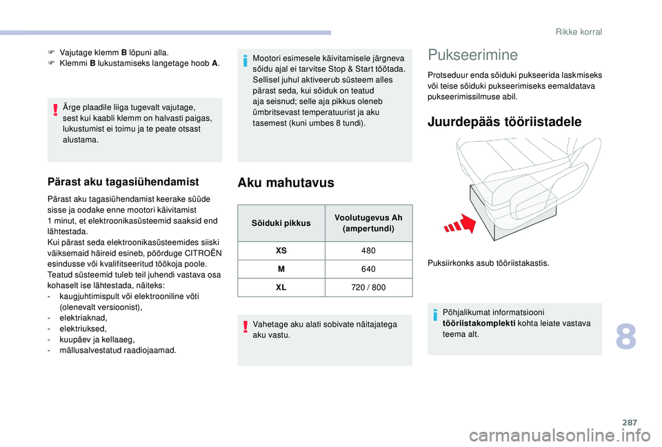 CITROEN JUMPER SPACETOURER 2018 Kasutusjuhend (in Estonian) 287
Ärge plaadile liiga tugevalt vajutage,
sest kui kaabli klemm on halvasti paigas,
lukustumist ei toimu ja te peate otsast
alustama.
Pärast aku tagasiühendamist
Pärast aku tagasiühendamist k CITROEN JUMPER SPACETOURER 2018 Kasutusjuhend (in Estonian) 287
Ärge plaadile liiga tugevalt vajutage,
sest kui kaabli klemm on halvasti paigas,
lukustumist ei toimu ja te peate otsast
alustama.
Pärast aku tagasiühendamist
Pärast aku tagasiühendamist k