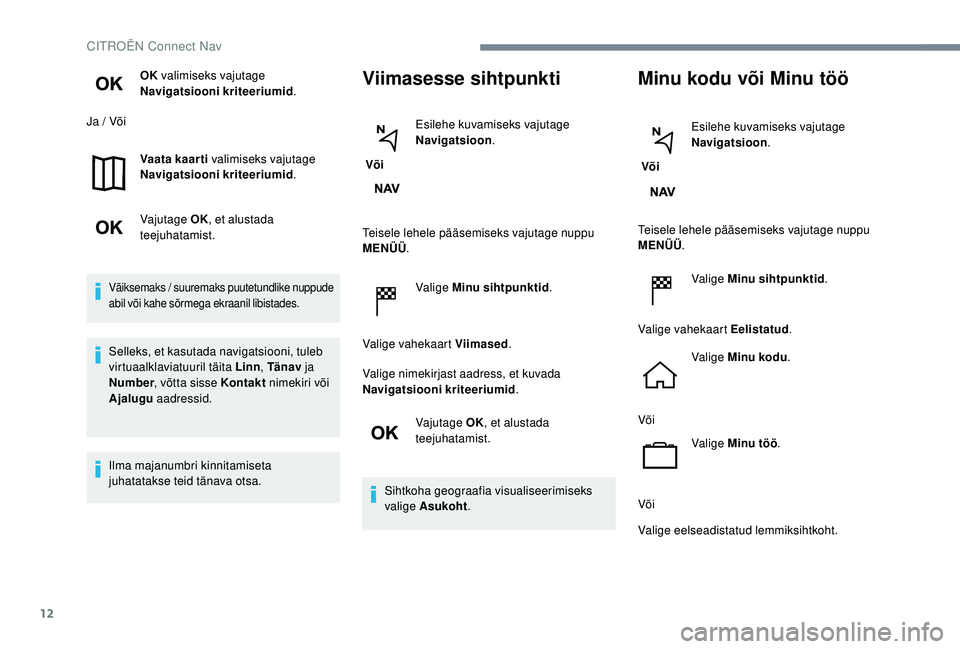 CITROEN JUMPER SPACETOURER 2018 Kasutusjuhend (in Estonian) 12
OK valimiseks vajutage
Navigatsiooni kriteeriumid .
Ja / Või
Vaata kaarti valimiseks vajutage
Navigatsiooni kriteeriumid .
Vajutage OK , et alustada
teejuhatamist.
Väiksemaks / suuremaks puut CITROEN JUMPER SPACETOURER 2018 Kasutusjuhend (in Estonian) 12
OK valimiseks vajutage
Navigatsiooni kriteeriumid .
Ja / Või
Vaata kaarti valimiseks vajutage
Navigatsiooni kriteeriumid .
Vajutage OK , et alustada
teejuhatamist.
Väiksemaks / suuremaks puut