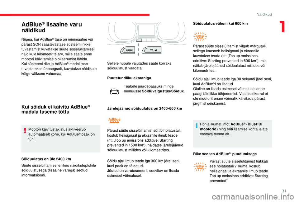 CITROEN JUMPER SPACETOURER 2018  Kasutusjuhend (in Estonian) 31
AdBlue® lisaaine varu 
näidikud
Niipea, kui AdBlue® tase on minimaalne või 
pärast SCR saastevastase süsteemi rikke 
tuvastamist kuvatakse süüte sisselülitamisel 
näidikule kilomeetrite a