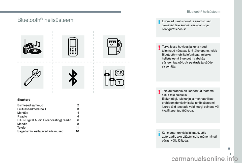 CITROEN JUMPER SPACETOURER 2018  Kasutusjuhend (in Estonian) 1
Bluetooth® helisüsteem
Sisukord
Esimesed sammud  
2
L

ülitusseadmed roolil   
3
M

enüüd   
4
R

aadio   
4
D

AB (Digital Audio Broadcasting) raadio   
6
M

eedia   
8
T

elefon   
1
 1
Saged