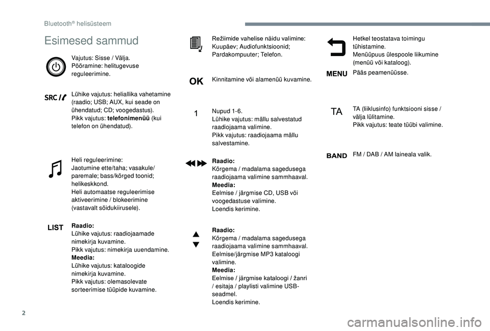 CITROEN JUMPER SPACETOURER 2018  Kasutusjuhend (in Estonian) 2
Esimesed sammud
Vajutus: Sisse / Välja.
Pööramine: helitugevuse 
reguleerimine.
Lühike vajutus: heliallika vahetamine 
(raadio; USB; AUX, kui seade on 
ühendatud; CD; voogedastus).
Pikk vajutus