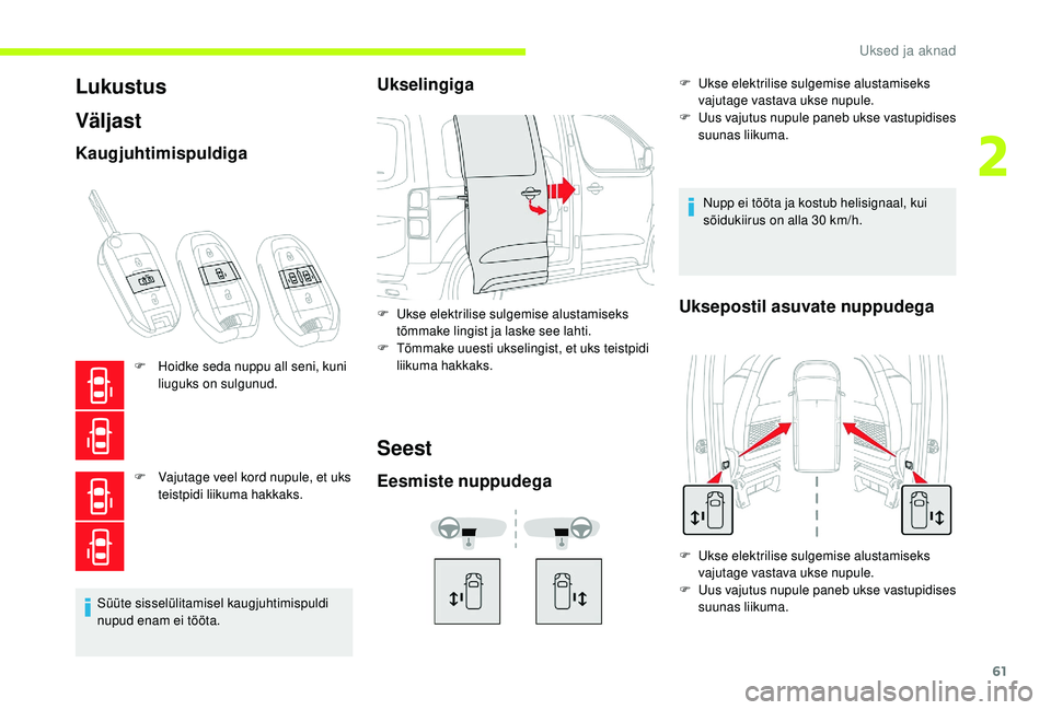CITROEN JUMPER SPACETOURER 2018 Kasutusjuhend (in Estonian) 61
Lukustus
Väljast
Kaugjuhtimispuldiga
F Hoidke seda nuppu all seni, kuni liuguks on sulgunud.
F
V
ajutage veel kord nupule, et uks
teistpidi liikuma hakkaks.
Süüte sisselülitamisel kaugjuhti CITROEN JUMPER SPACETOURER 2018 Kasutusjuhend (in Estonian) 61
Lukustus
Väljast
Kaugjuhtimispuldiga
F Hoidke seda nuppu all seni, kuni liuguks on sulgunud.
F
V
ajutage veel kord nupule, et uks
teistpidi liikuma hakkaks.
Süüte sisselülitamisel kaugjuhti