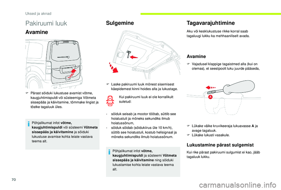 CITROEN JUMPER SPACETOURER 2018  Kasutusjuhend (in Estonian) 70
Pakiruumi luuk
Avamine
Põhjalikumat infot võtme, 
kaugjuhtimispuldi või süsteemi Võtmeta 
sissepääs ja käivitamine  ja sõiduki 
lukustuse avamise kohta leiate vastava 
teema alt.
F
 
P
 ä