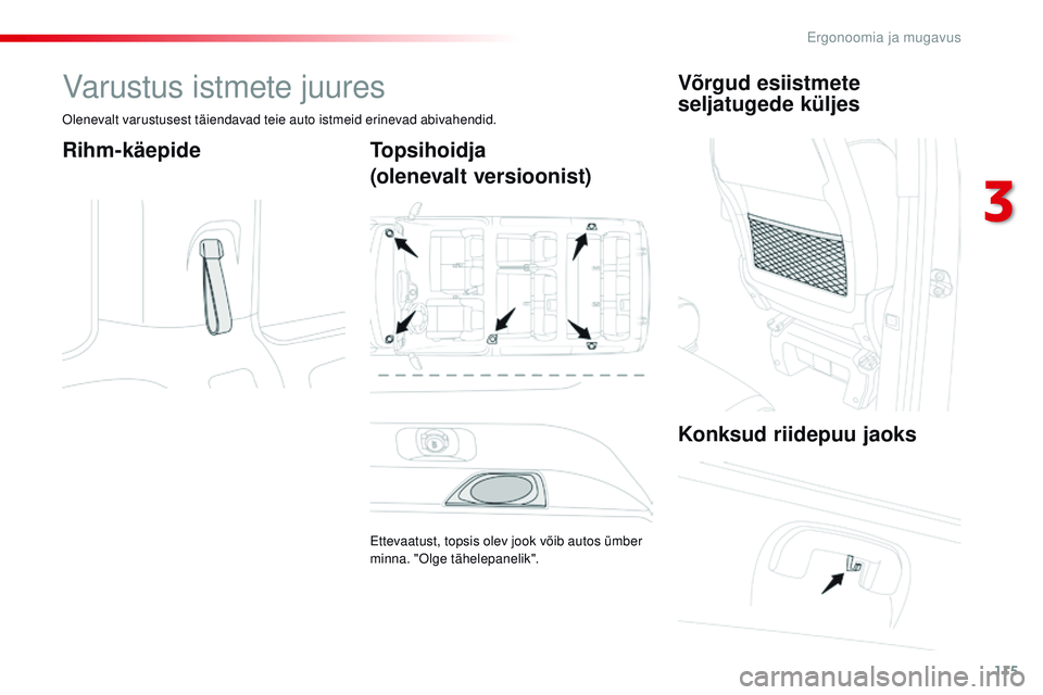 CITROEN JUMPER SPACETOURER 2017  Kasutusjuhend (in Estonian) 115
Spacetourer-VP_et_Chap03_ergonomie-et-confort_ed01-2016
Varustus istmete juures
olenevalt varustusest täiendavad teie auto istmeid erinevad abivahendid.
Rihm-käepideTopsihoidja
(olenevalt versio