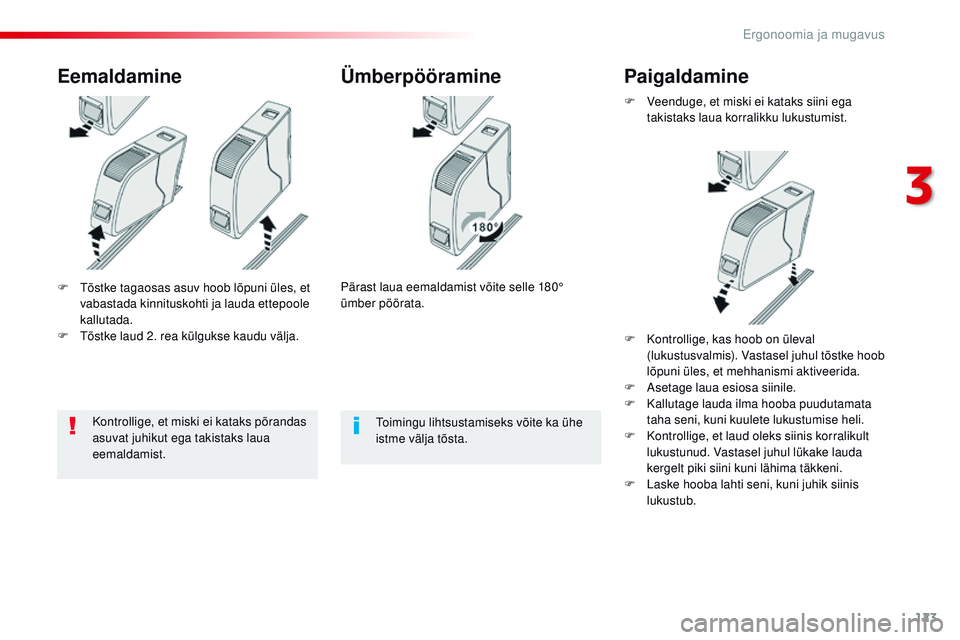 CITROEN JUMPER SPACETOURER 2017  Kasutusjuhend (in Estonian) 123
Spacetourer-VP_et_Chap03_ergonomie-et-confort_ed01-2016
F  tõstke tagaosas asuv hoob lõpuni üles, et vabastada kinnituskohti ja lauda ettepoole 
kallutada.
F
  t
õ
 stke laud 2. rea külgukse 