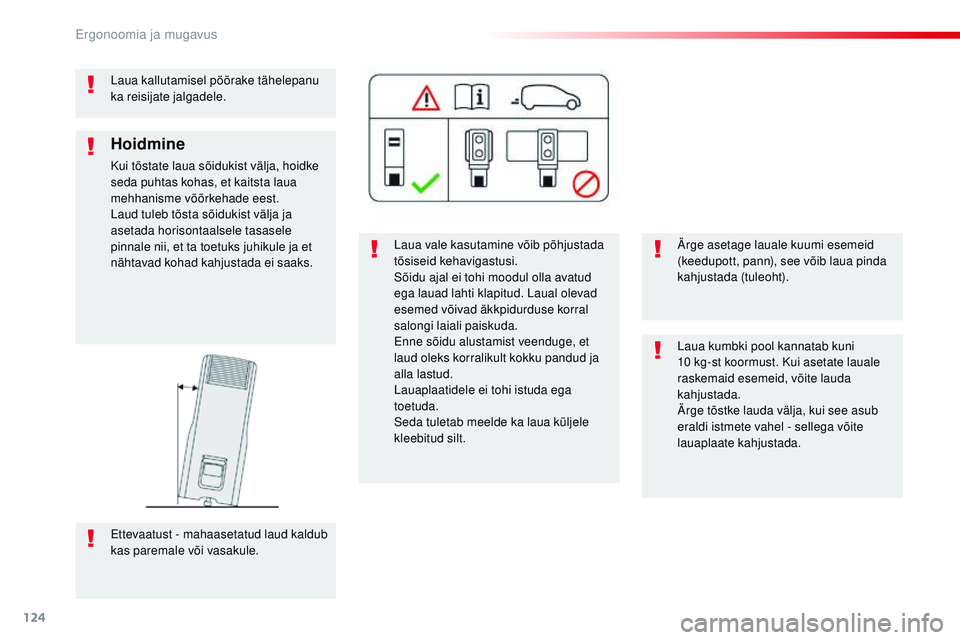 CITROEN JUMPER SPACETOURER 2017  Kasutusjuhend (in Estonian) 124
Spacetourer-VP_et_Chap03_ergonomie-et-confort_ed01-2016
Laua kallutamisel pöörake tähelepanu 
ka reisijate jalgadele.Laua vale kasutamine võib põhjustada 
tõsiseid kehavigastusi.
Sõidu ajal