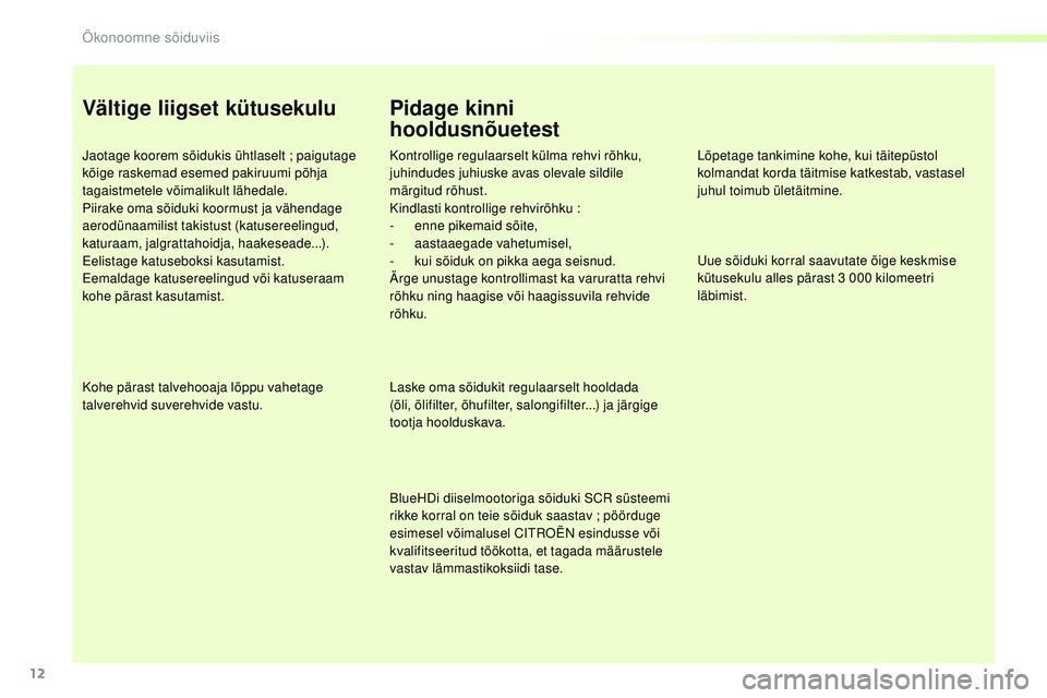 CITROEN JUMPER SPACETOURER 2017  Kasutusjuhend (in Estonian) 12
Spacetourer-VP_et_Chap00c_eco-conduite_ed01-2016
Vältige liigset kütusekulu
Jaotage koorem sõidukis ühtlaselt ; paigutage 
kõige raskemad esemed pakiruumi põhja 
tagaistmetele võimalikult l�