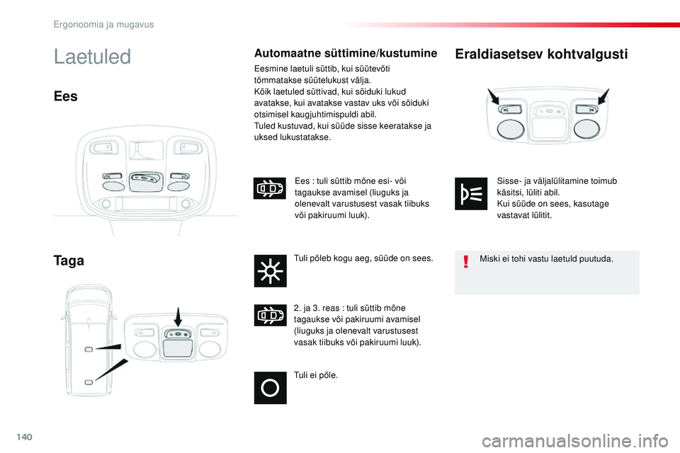 CITROEN JUMPER SPACETOURER 2017  Kasutusjuhend (in Estonian) 140
Spacetourer-VP_et_Chap03_ergonomie-et-confort_ed01-2016
Eraldiasetsev kohtvalgusti
Ta g aLaetuledAutomaatne süttimine/kustumine
Eesmine laetuli süttib, kui süütevõti 
tõmmatakse süütelukus