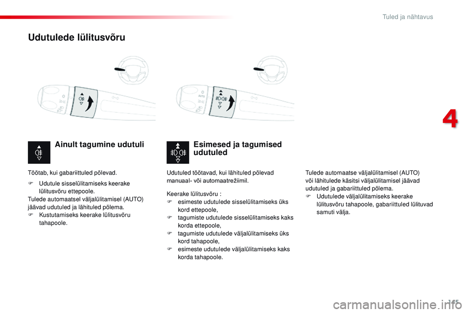 CITROEN JUMPER SPACETOURER 2017  Kasutusjuhend (in Estonian) 145
Spacetourer-VP_et_Chap04_eclairage-et-visibilite_ed01-2016
Udutulede lülitusvõru
Esimesed ja tagumised 
udutuled
Ainult tagumine udutuli
F Udutule sisselülitamiseks keerake 
lülitusvõru ettep