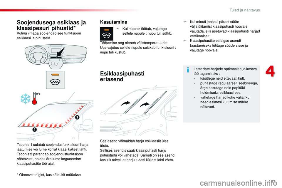 CITROEN JUMPER SPACETOURER 2017 Kasutusjuhend (in Estonian) 157
Spacetourer-VP_et_Chap04_eclairage-et-visibilite_ed01-2016
* olenevalt riigist, kus sõidukit müüakse.
Soojendusega esiklaas ja
klaasipesuri pihustid*
Külma ilmaga soojendab see funktsioon
es CITROEN JUMPER SPACETOURER 2017 Kasutusjuhend (in Estonian) 157
Spacetourer-VP_et_Chap04_eclairage-et-visibilite_ed01-2016
* olenevalt riigist, kus sõidukit müüakse.
Soojendusega esiklaas ja
klaasipesuri pihustid*
Külma ilmaga soojendab see funktsioon
es